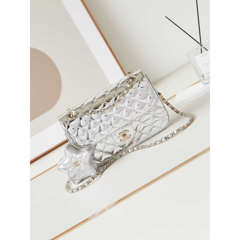 Ch*el flap & star coin purse metallic mirror calfskin, metallic lambskin & gold-tone metal light silver