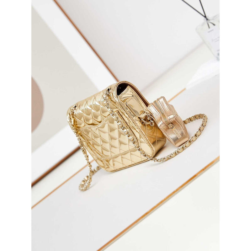 Ch*el mini flap bag & star coin purse metallic mirror calfskin, metallic lambskin & gold-tone metal light gold