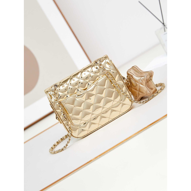 Ch*el mini flap bag & star coin purse metallic mirror calfskin, metallic lambskin & gold-tone metal light gold