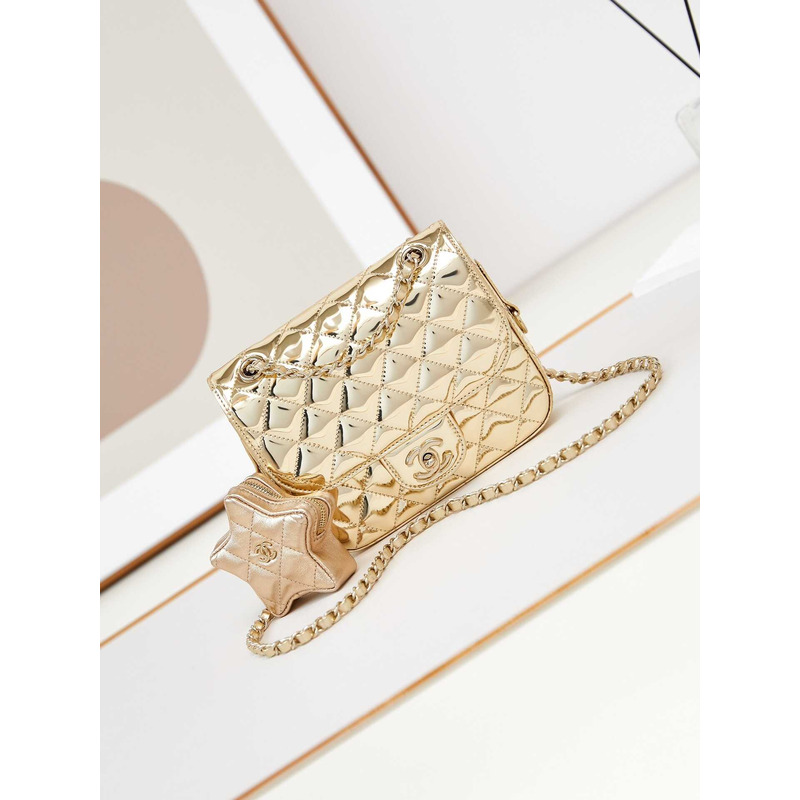 Ch*el mini flap bag & star coin purse metallic mirror calfskin, metallic lambskin & gold-tone metal light gold