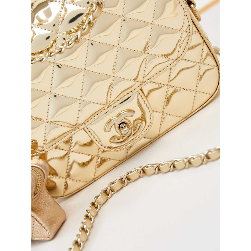 Ch*el mini flap bag & star coin purse metallic mirror calfskin, metallic lambskin & gold-tone metal light gold