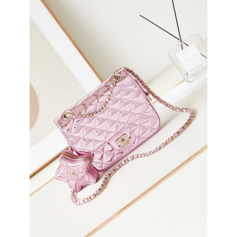 Ch*el mini flap bag & star coin purse metallic mirror calfskin, metallic lambskin & gold-tone metal light pink