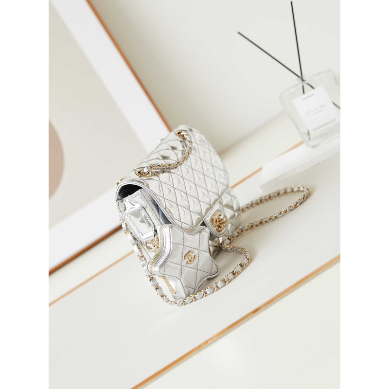 Ch*el  mini flap bag & star coin purse metallic mirror calfskin, metallic lambskin & gold-tone metal light silver