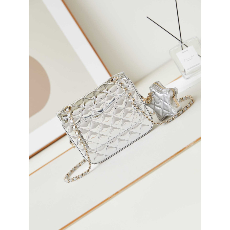 Ch*el  mini flap bag & star coin purse metallic mirror calfskin, metallic lambskin & gold-tone metal light silver