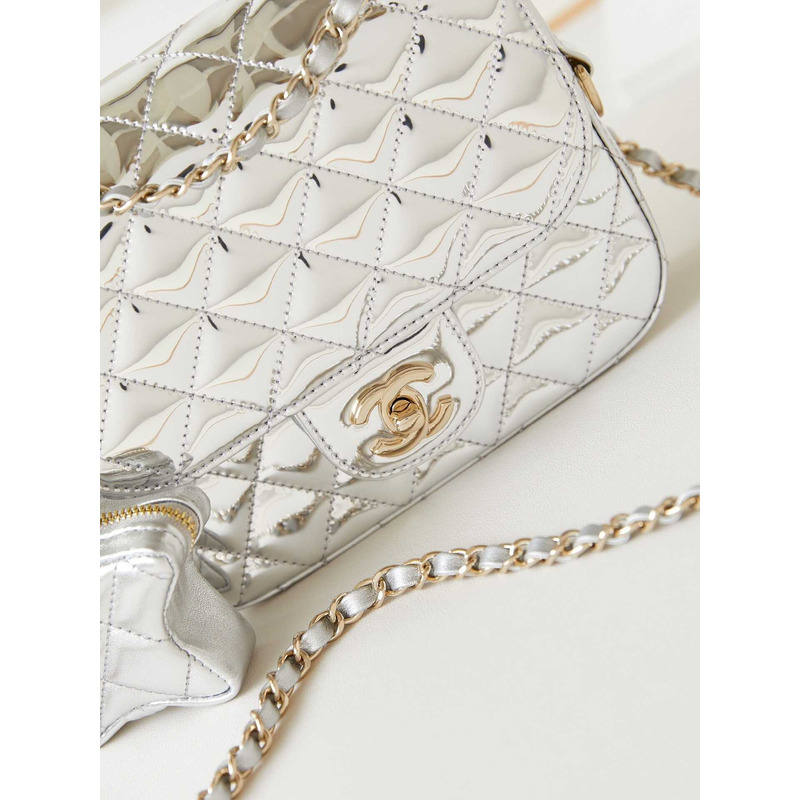 Ch*el  mini flap bag & star coin purse metallic mirror calfskin, metallic lambskin & gold-tone metal light silver