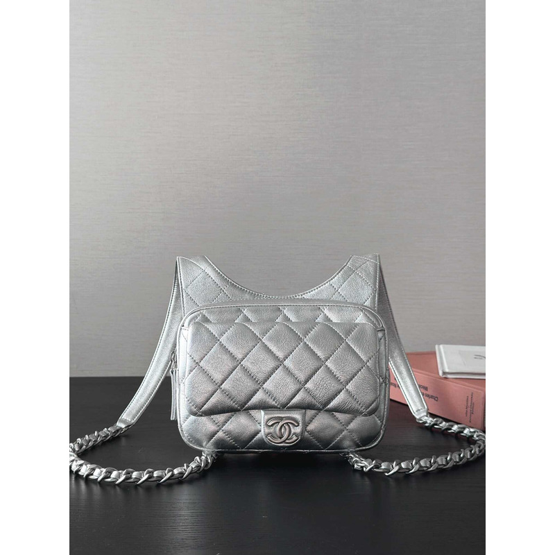 Ch*el backpack metallic lambskin & silver-tone metal silver