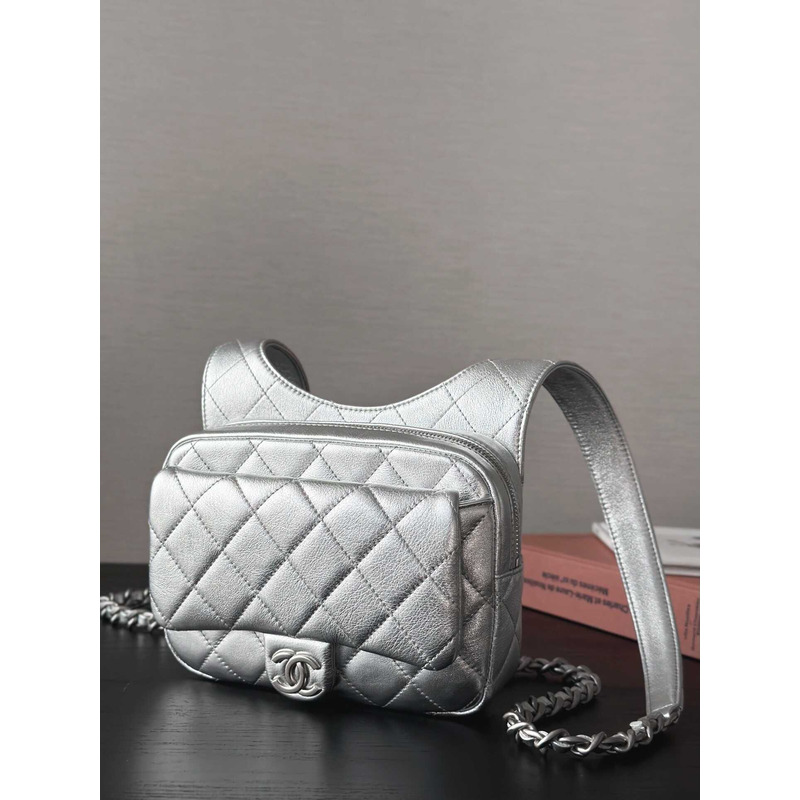 Ch*el backpack metallic lambskin & silver-tone metal silver