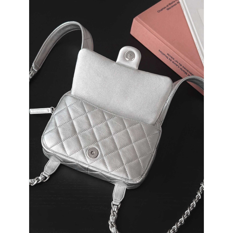 Ch*el backpack metallic lambskin & silver-tone metal silver