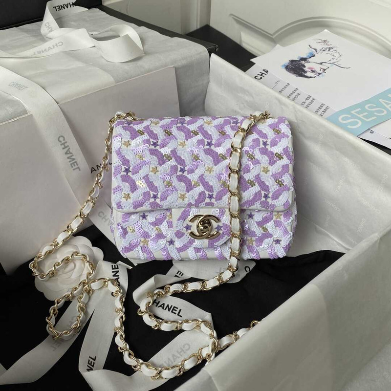 Ch*el mini flap bag embroidered satin, sequins, glass beads, strass, star sequins & gold-tone metal purple & white