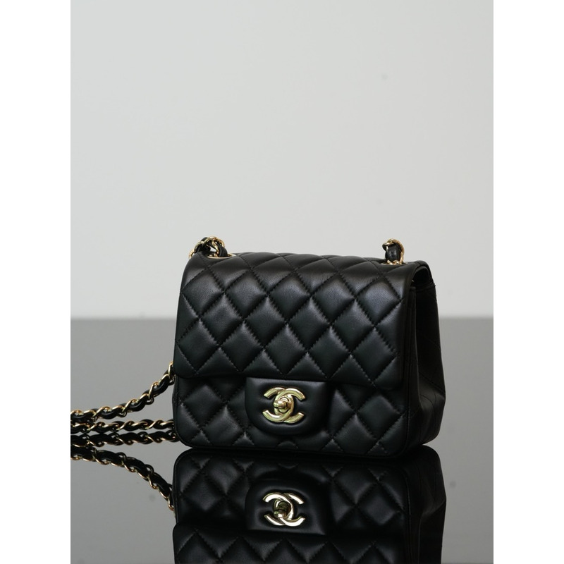 Ch*el mini flap bag lambskin & gold-tone metal black