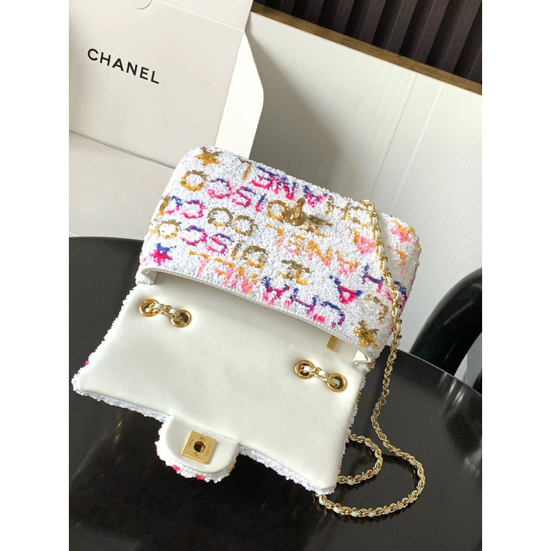 Ch*el small flap bag sequins & gold-tone metal white, yellow, pink & blue