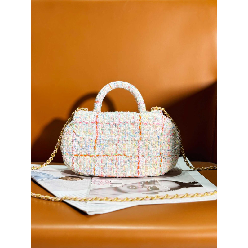 Ch*el small bag with top handle tweed gold-tone metal white