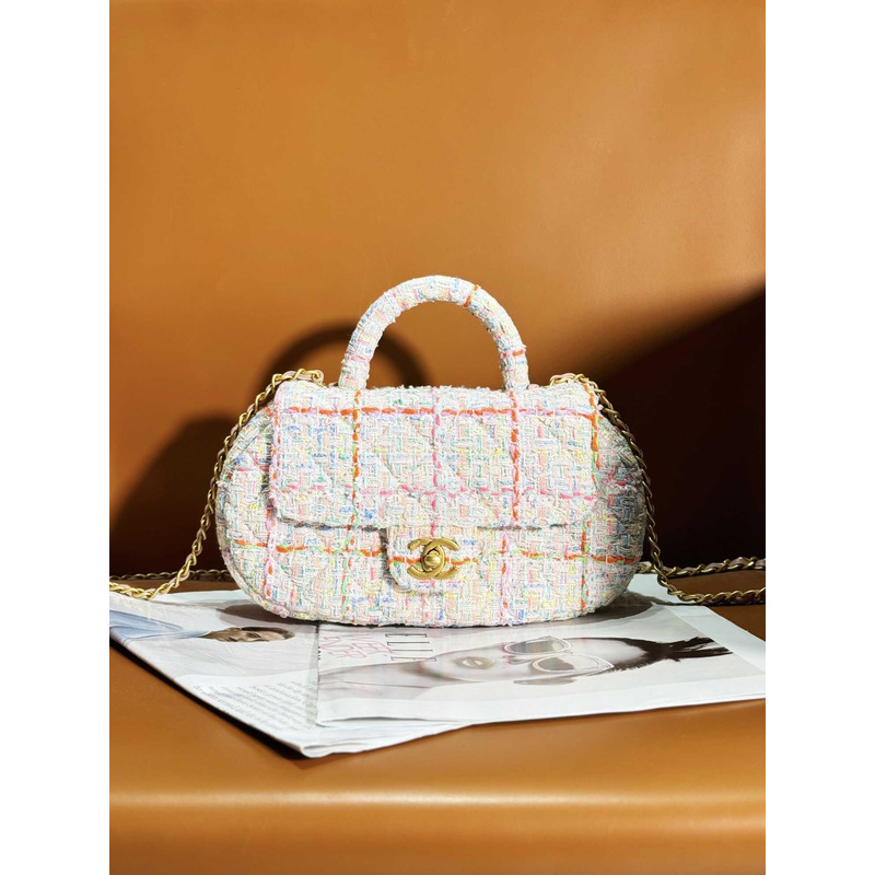 Ch*el small bag with top handle tweed gold-tone metal white