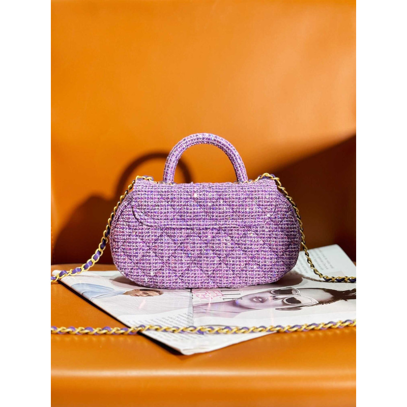 Ch*el small bag with top handle tweed, sequins & gold-tone metal purple