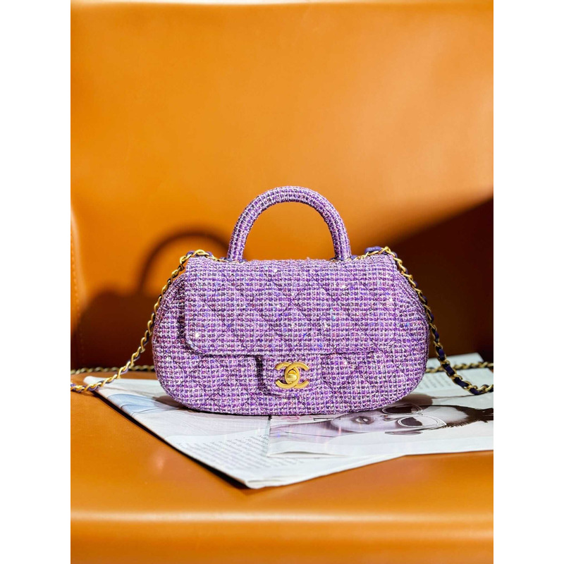 Ch*el small bag with top handle tweed, sequins & gold-tone metal purple