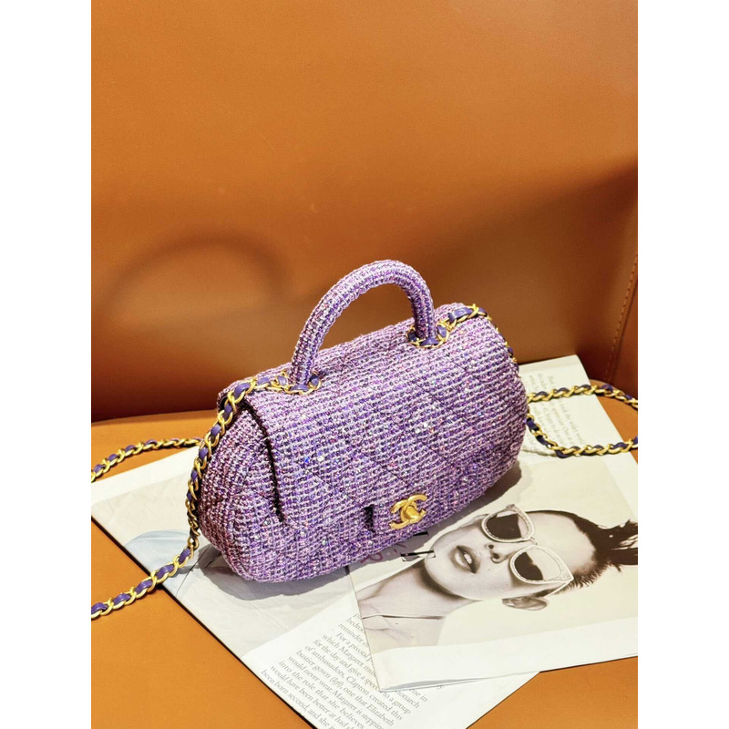 Ch*el small bag with top handle tweed, sequins & gold-tone metal purple