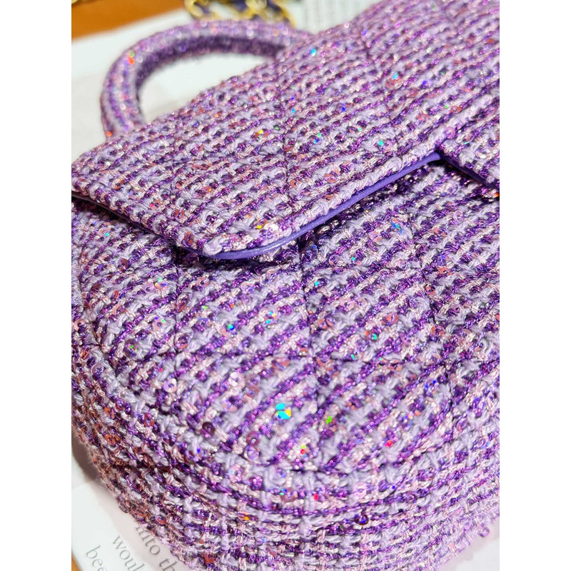 Ch*el small bag with top handle tweed, sequins & gold-tone metal purple