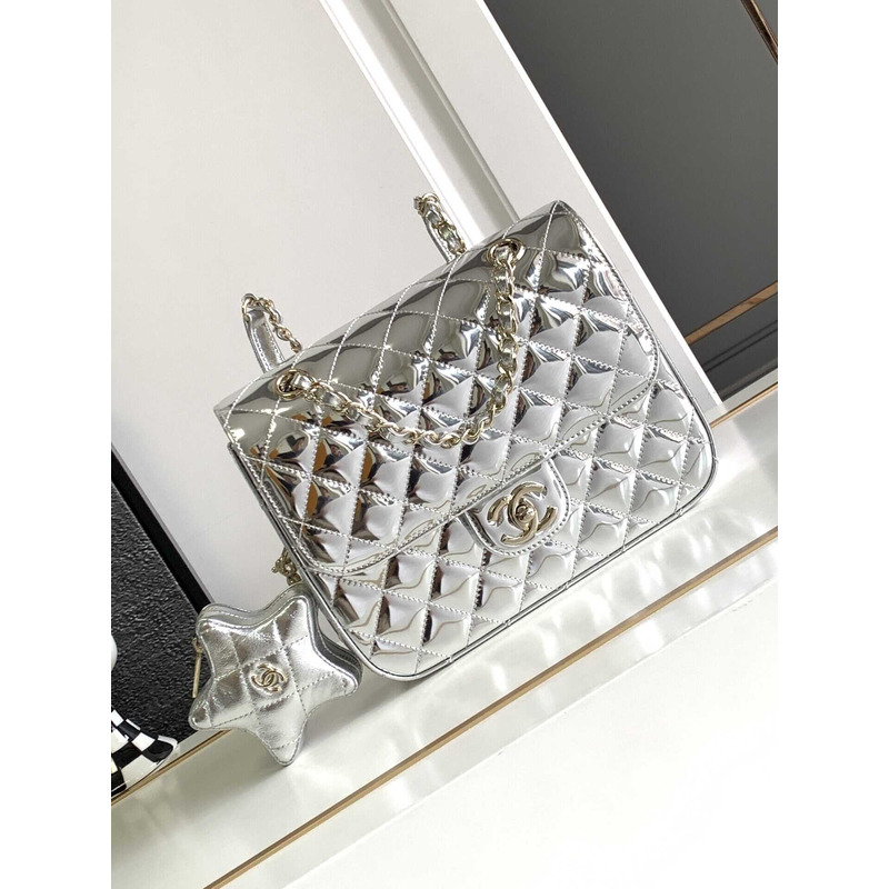 Ch*el backpack & star coin purse metallic mirror calfskin, metallic lambskin & gold-tone metal light gold