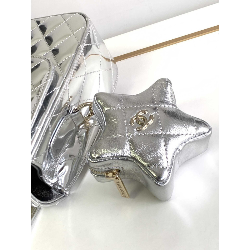 Ch*el backpack & star coin purse metallic mirror calfskin, metallic lambskin & gold-tone metal light gold