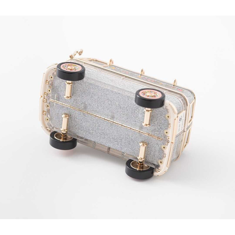 Ch*el mini van minaudiere plexi, enamel, strass & gold-tone metal silver, gold & pink