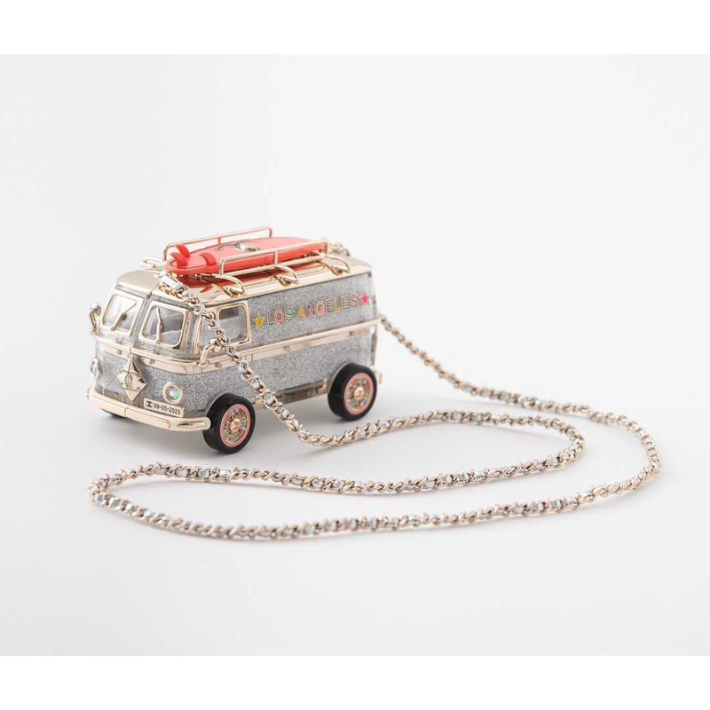 Ch*el mini van minaudiere plexi, enamel, strass & gold-tone metal silver, gold & pink