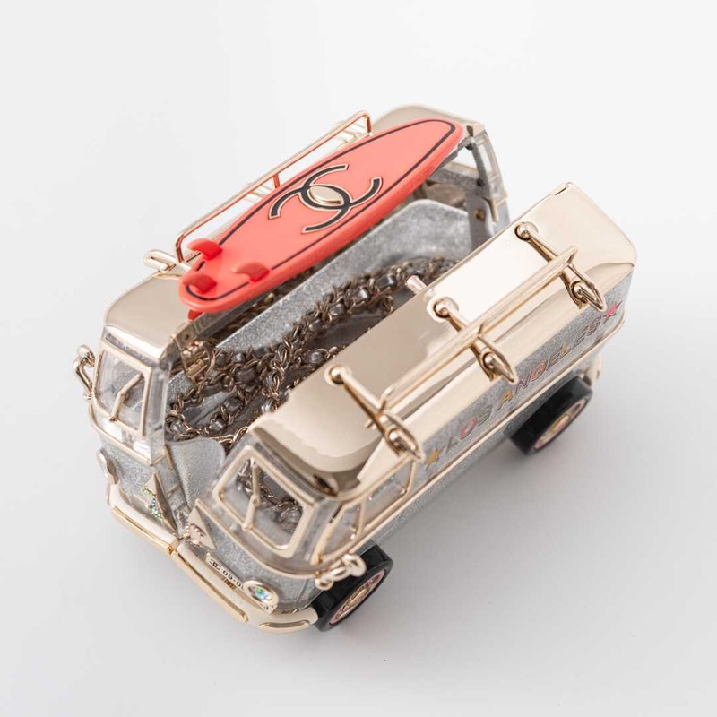 Ch*el mini van minaudiere plexi, enamel, strass & gold-tone metal silver, gold & pink