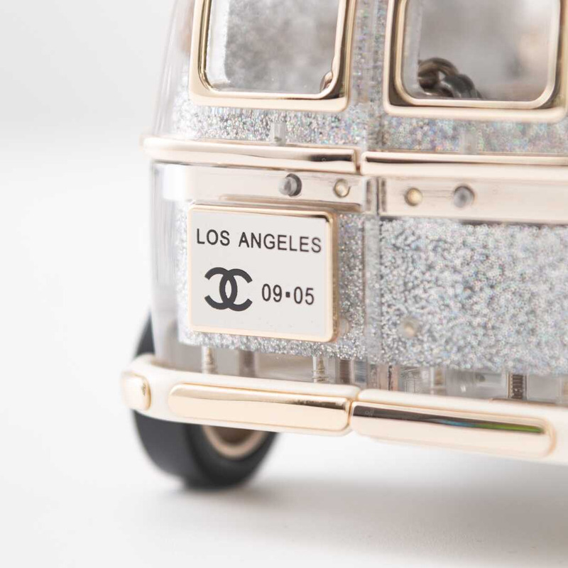 Ch*el mini van minaudiere plexi, enamel, strass & gold-tone metal silver, gold & pink