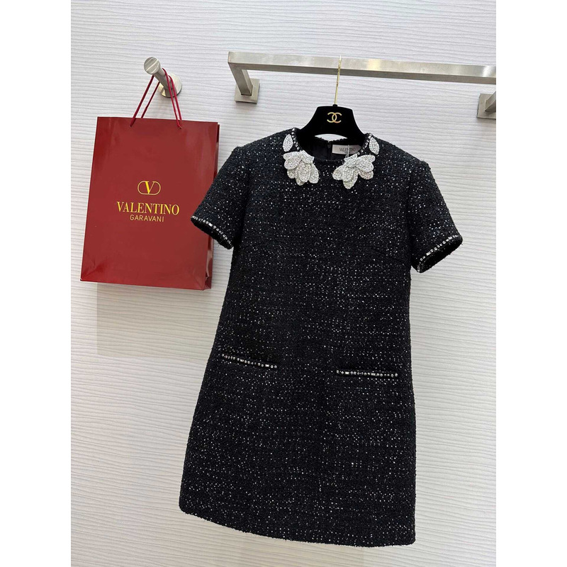 Valentino Metallic Tweed Polo Mini Dress In Black