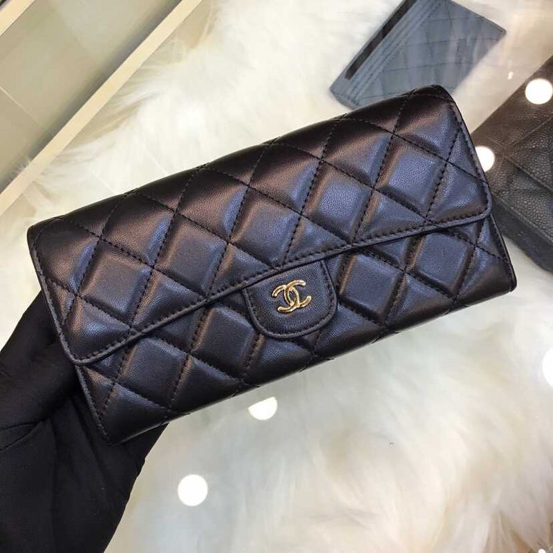 Ch*el lambskin flap wallet black