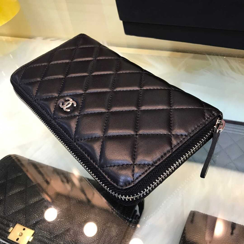 Ch*el lambskin zipped wallet black