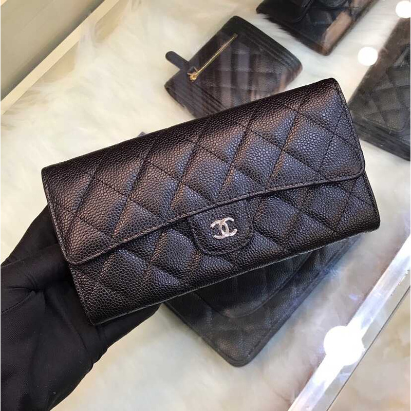 Ch*el caviar quilted large gusset flap wallet black