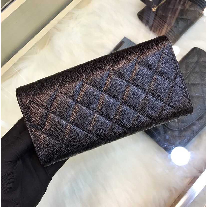 Ch*el caviar quilted large gusset flap wallet black