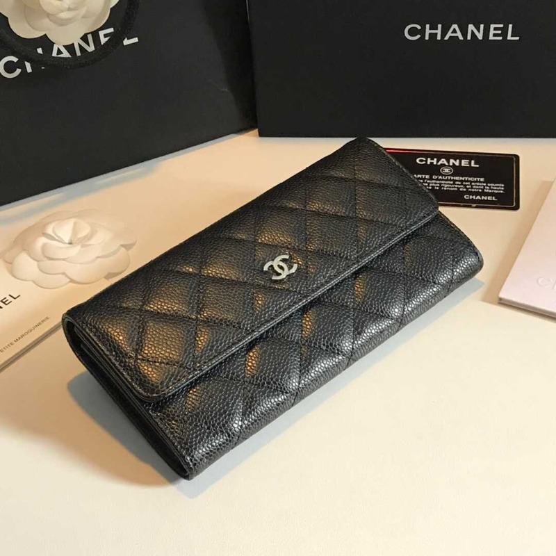 Ch*el caviar quilted large gusset flap wallet black