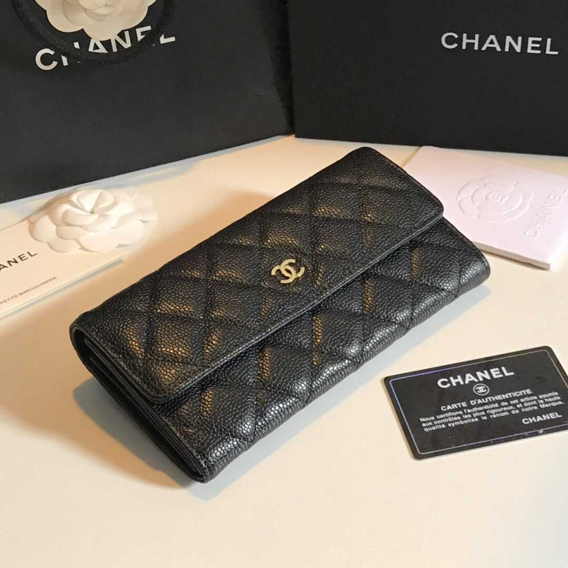 Ch*el caviar quilted large gusset flap wallet black