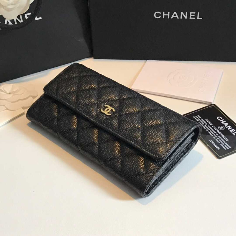 Ch*el caviar quilted large gusset flap wallet black