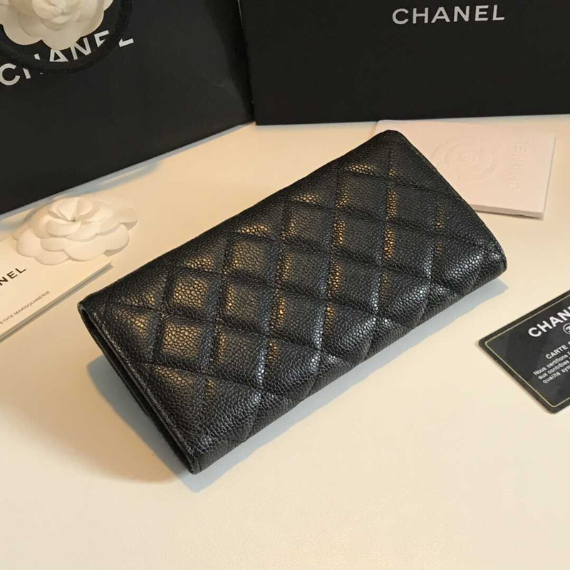 Ch*el caviar quilted large gusset flap wallet black