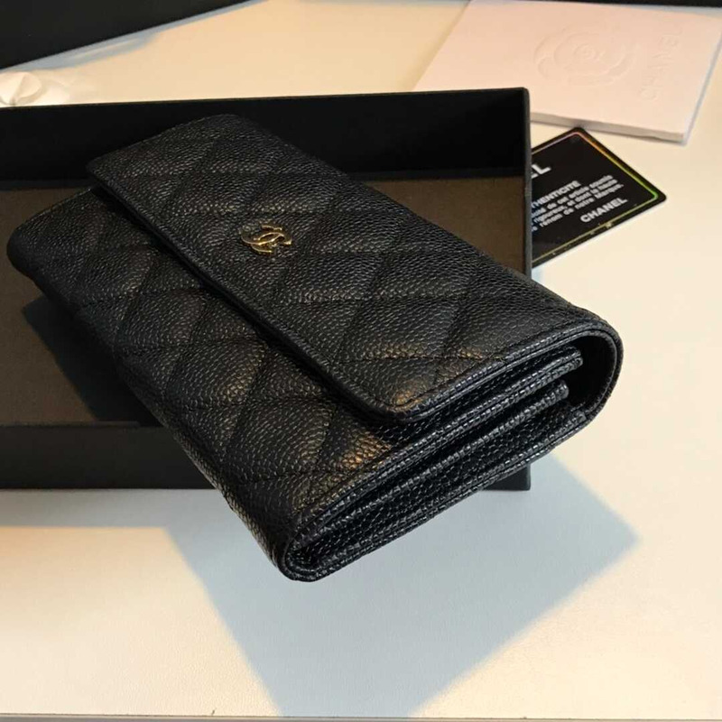 Ch*el caviar quilted large gusset flap wallet black