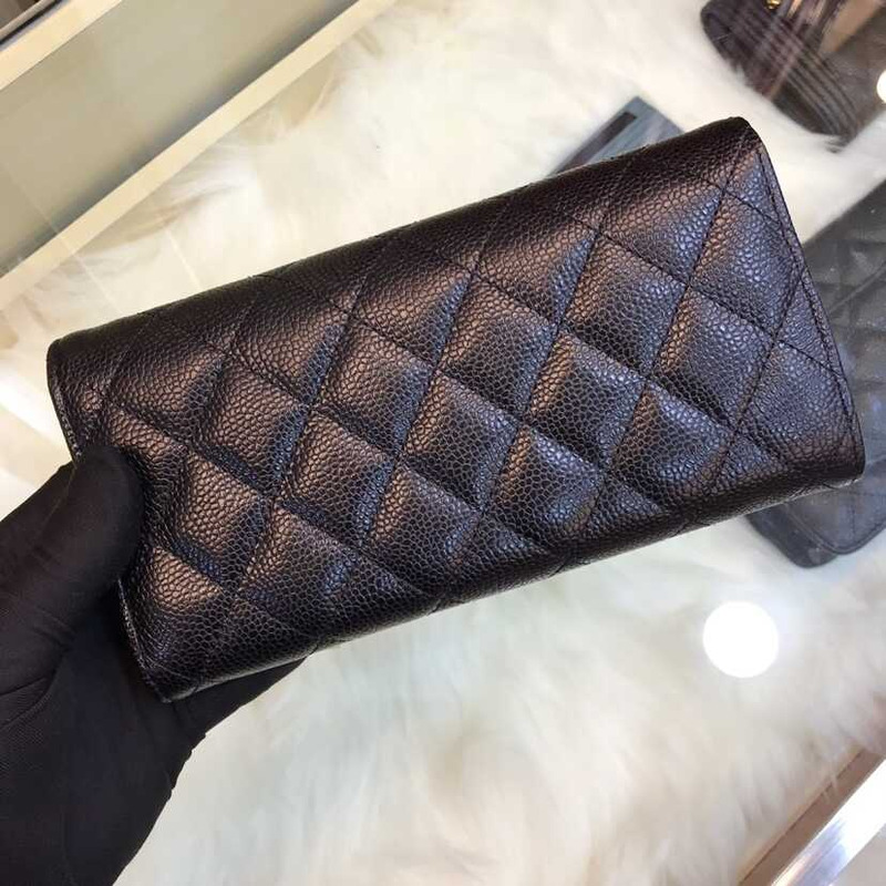 Ch*el caviar quilted large gusset flap wallet black