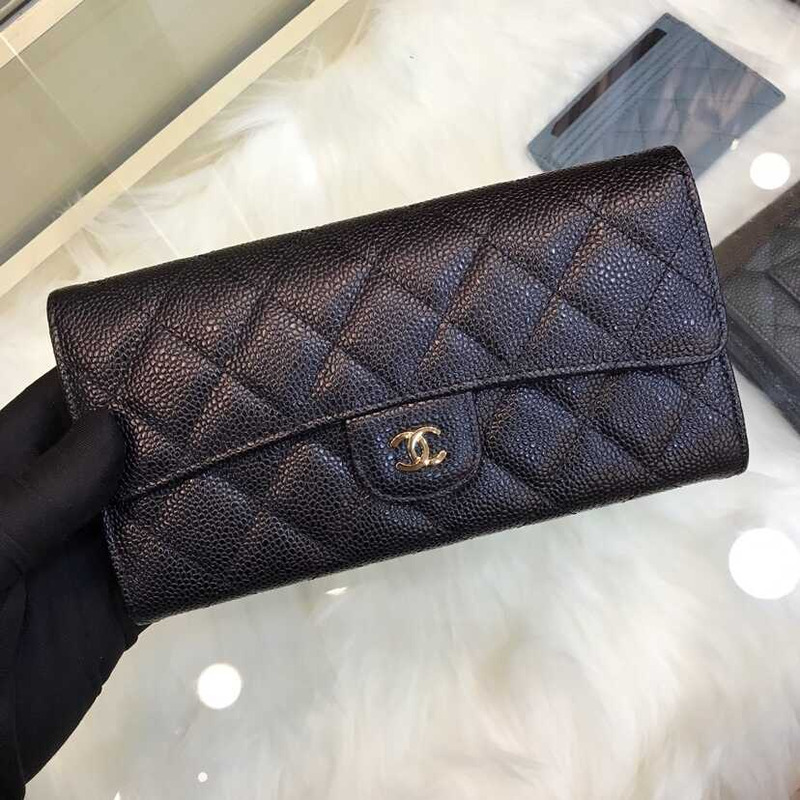 Ch*el caviar quilted large gusset flap wallet black