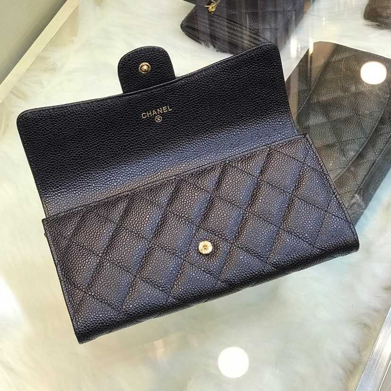 Ch*el caviar quilted large gusset flap wallet black