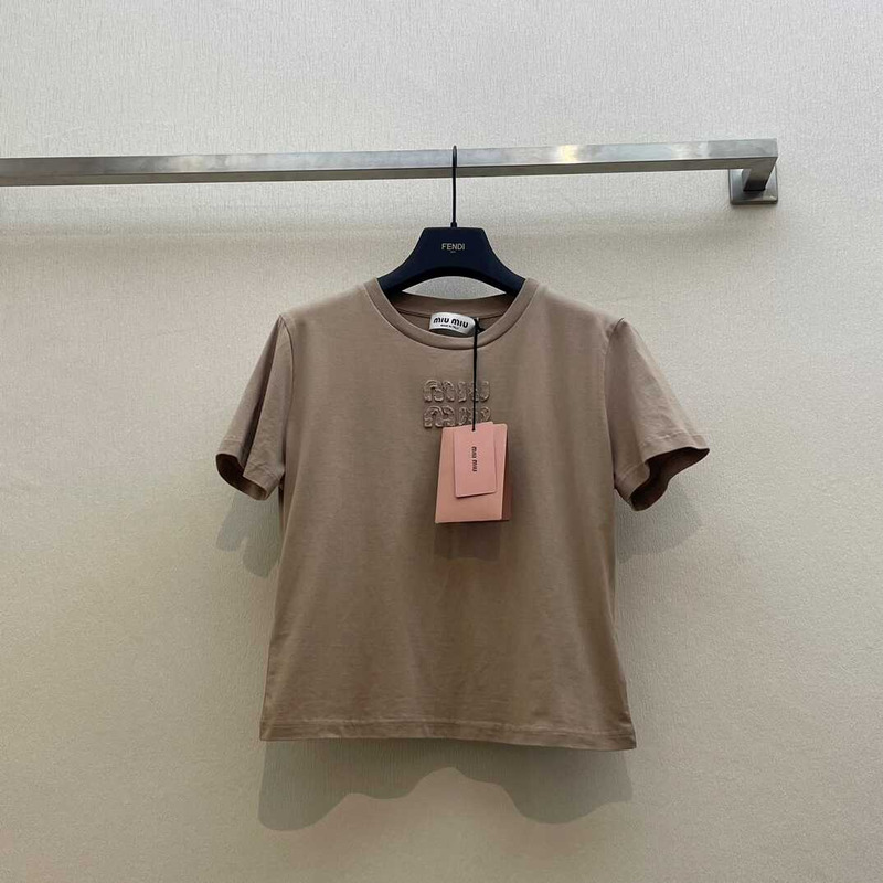 Miu Miu Garment-dyed Embroidered Logo Knitted T-shirt Brown