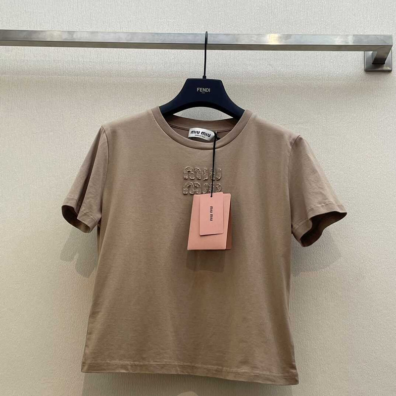 Miu Miu Garment-dyed Embroidered Logo Knitted T-shirt Brown