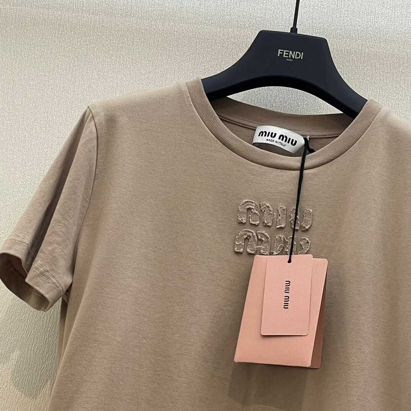 Miu Miu Garment-dyed Embroidered Logo Knitted T-shirt Brown