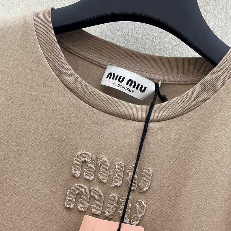 Miu Miu Garment-dyed Embroidered Logo Knitted T-shirt Brown