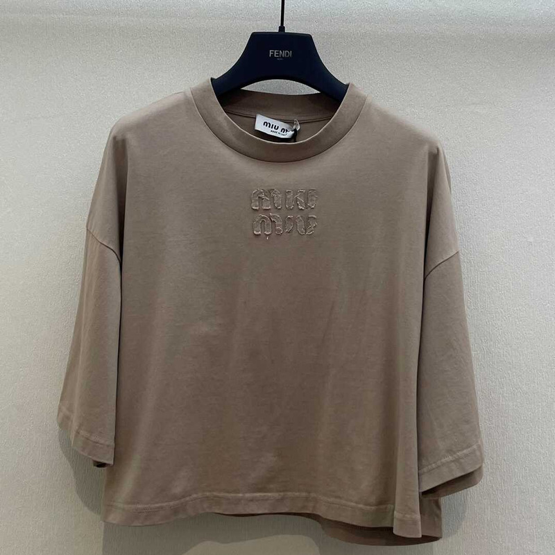 Miu Miu Cotton Jersey T-shirt With Embroidered Logo Brown