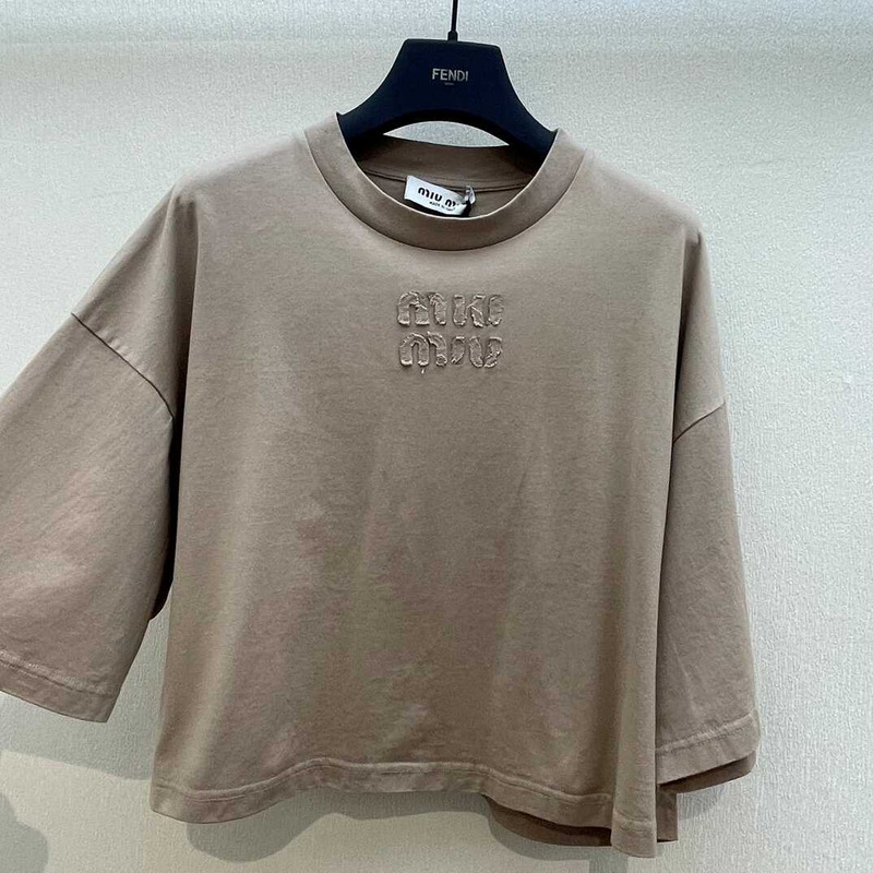 Miu Miu Cotton Jersey T-shirt With Embroidered Logo Brown