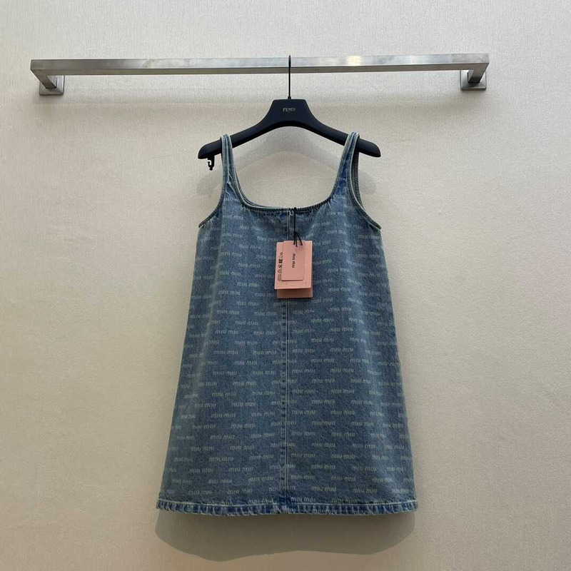 Miu Miu Logo Print Denim Mini Dress Blue