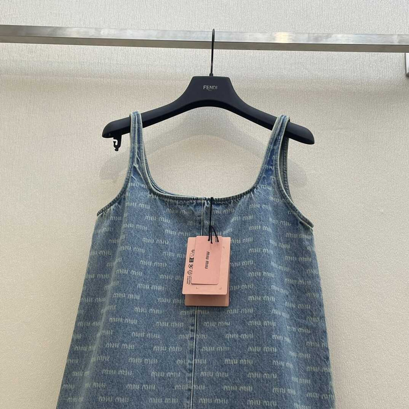 Miu Miu Logo Print Denim Mini Dress Blue