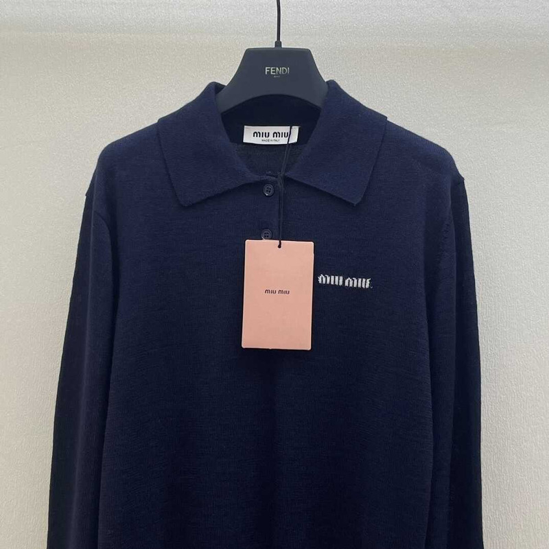 Miu Miu Wool Knit Polo Shirt Navy