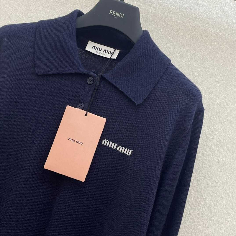 Miu Miu Wool Knit Polo Shirt Navy